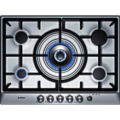 Bosch Exxcel PCR715M90E 70cm Gas Hob with Central Wok Burner in Brushed Steel